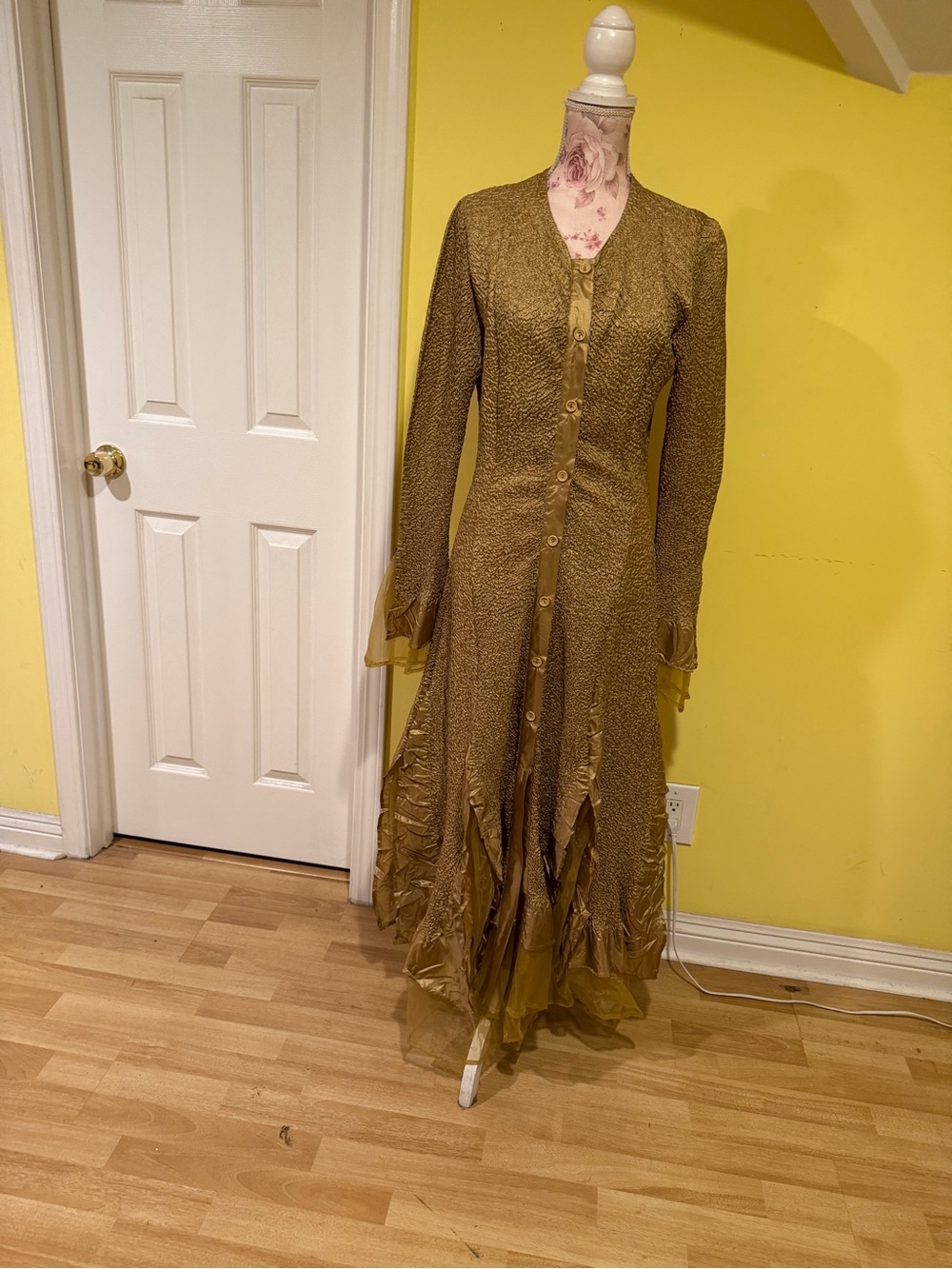 Long gold Button-Front Women's Dress with Ruffled Hem